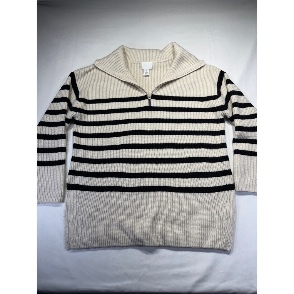 HM Womens Medium Chunky Ribbed Quarter Zip Striped Sweater Cream Black